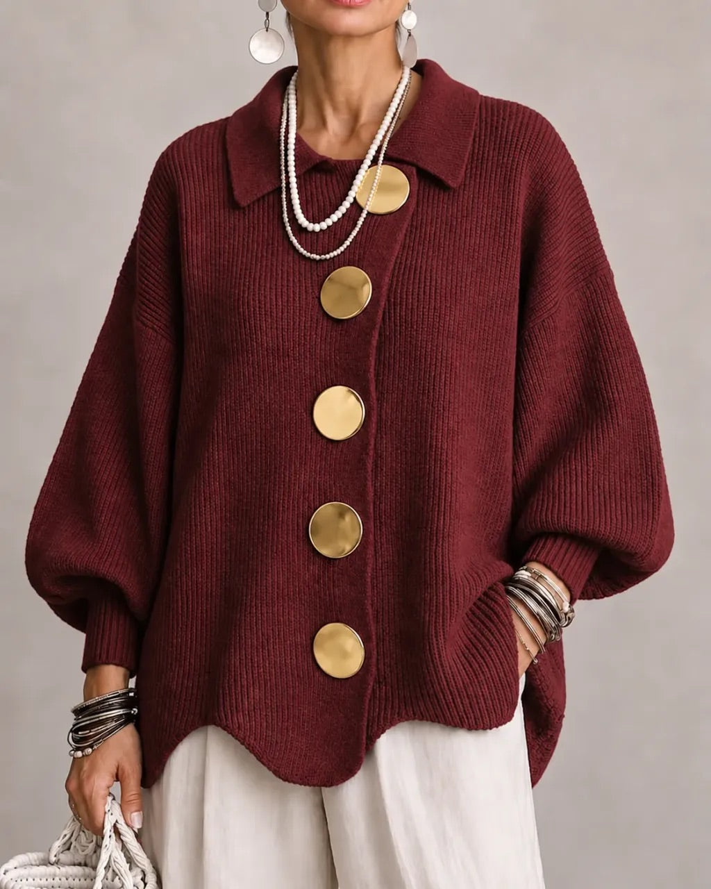 Katrina Oversized Button-Up Cardigan with Collared Neckline