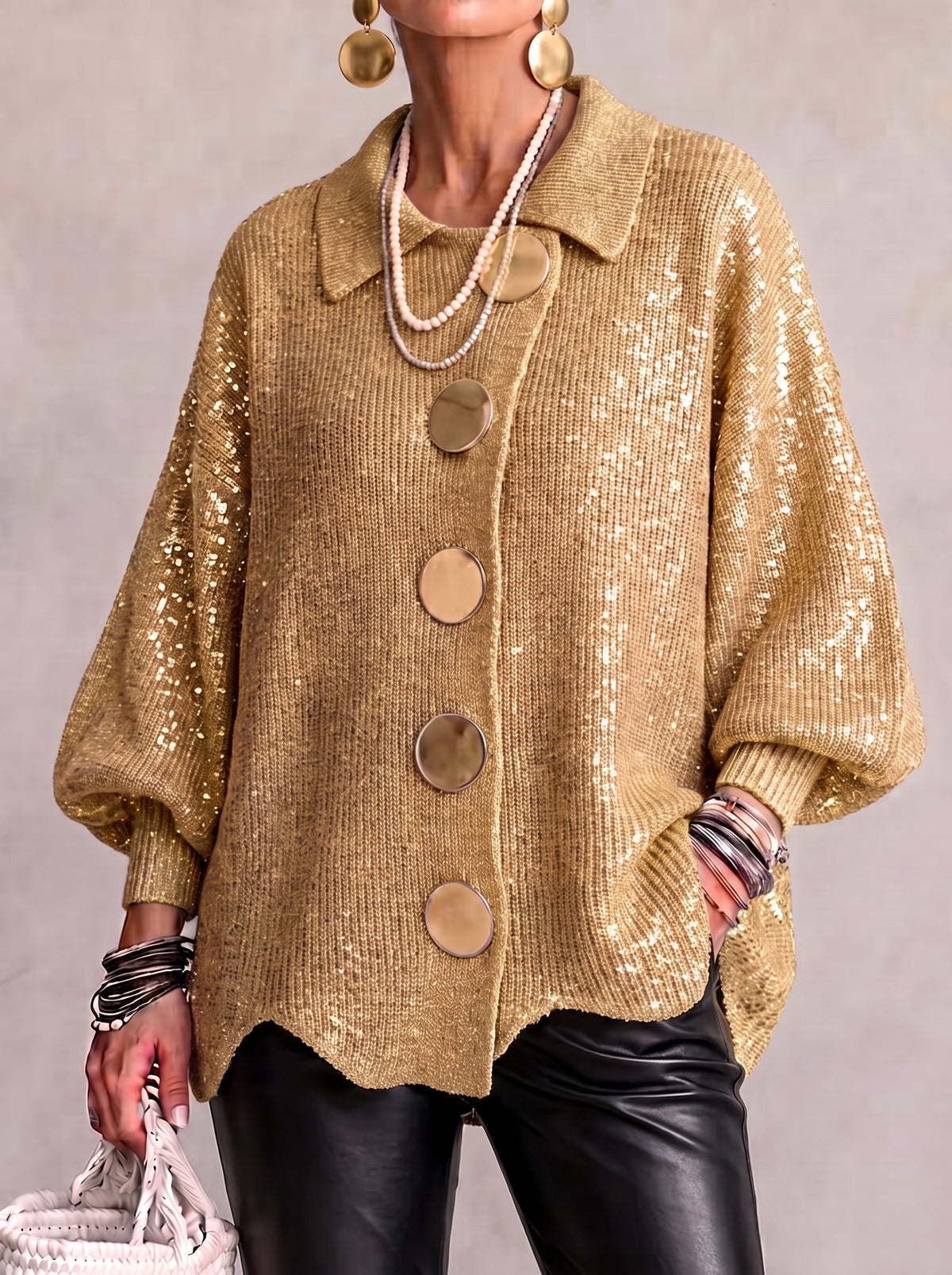Katrina Oversized Button-Up Cardigan with Collared Neckline