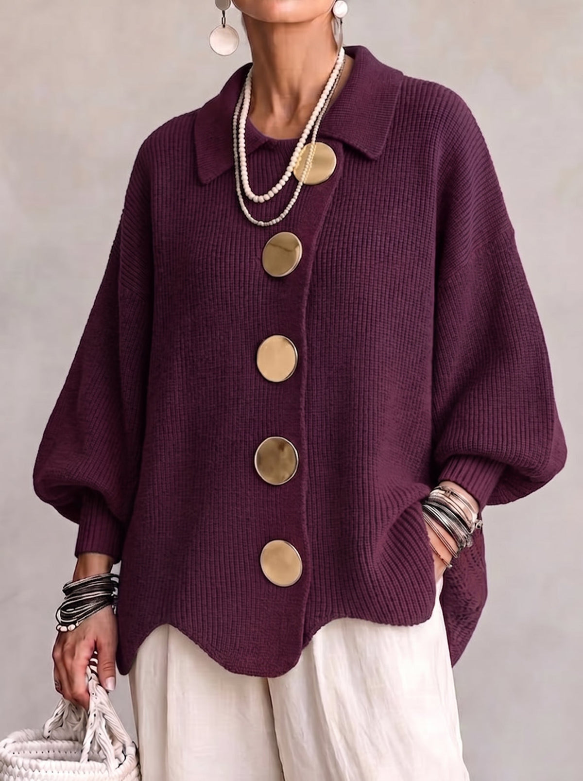 Katrina Oversized Button-Up Cardigan with Collared Neckline