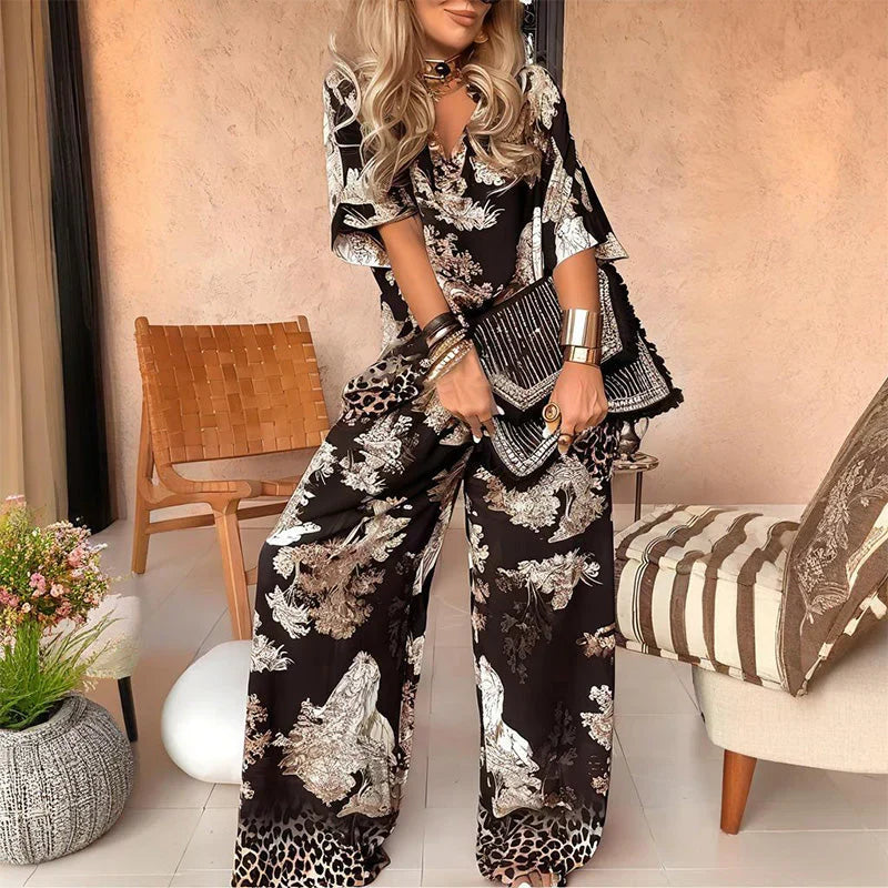 Tasha™ Floral V-Neck Top & Matching Long Pants Set